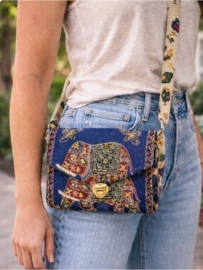 Boho Elephant Tapestry Crossbody Bag Blue Woven Ethnic Festival Purse NWT